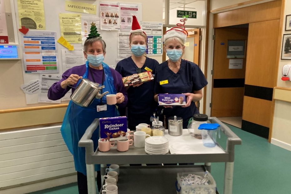 Our picture shows nurses Sarah & Dot with Ros who has set up the tea trolley ready to serve afternoon teas and Christmas cakes to the patients. The Patients and Ward staff expressed their thanks and appreciation to the League of Friends for the patients’ gifts and staff gift vouchers
